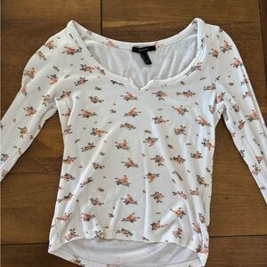 Forever 21 Coquette White and Orange Flower Fitted Long Sleeve Top